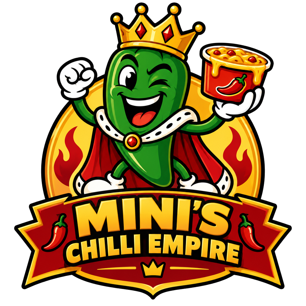 Mini's Chilli Empire crest: a crowned jalapeño king holding a tub of chilli cheese